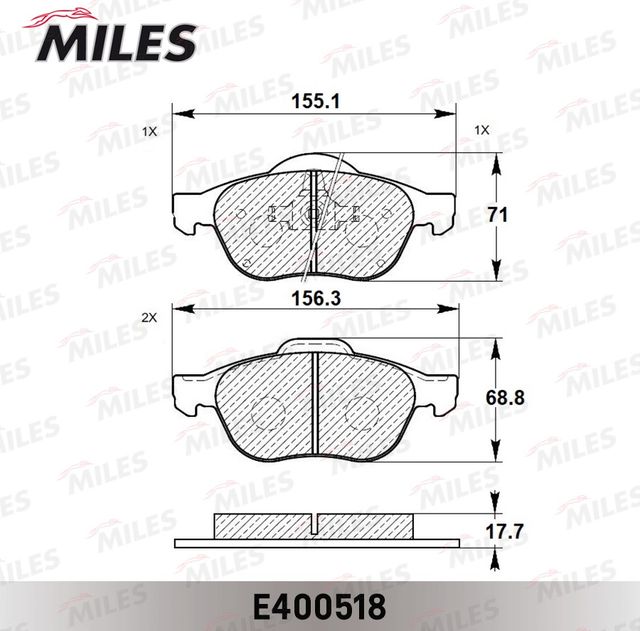 Тормозные колодки Miles (Low-Metallic) передние для Renault Vel Satis I 2002-2009. Артикул E400518