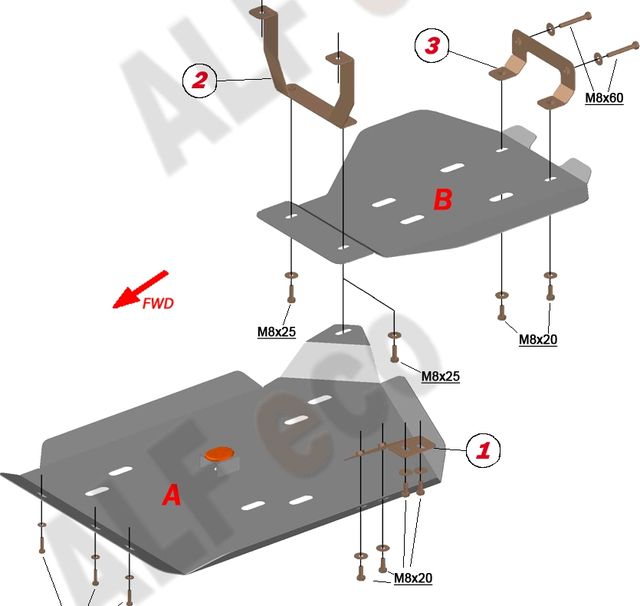 Защита алюминиевая Alfeco для картера, КПП, редуктора и топливного бака Acura MDX III 2013-2020. Артикул ALF.51.01,02,03 AL4