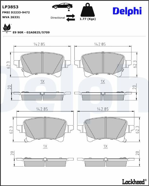 Тормозные колодки Delphi (Low-Metallic) для Jeep Wrangler IV (JL) 2017-2026. Артикул LP3853
