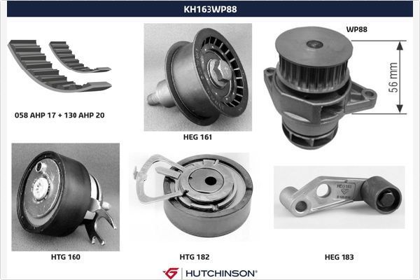 Помпа (водяной насос) с комплектом ремня ГРМ Hutchinson для Audi A2 2002-2005. Артикул KH 163WP88