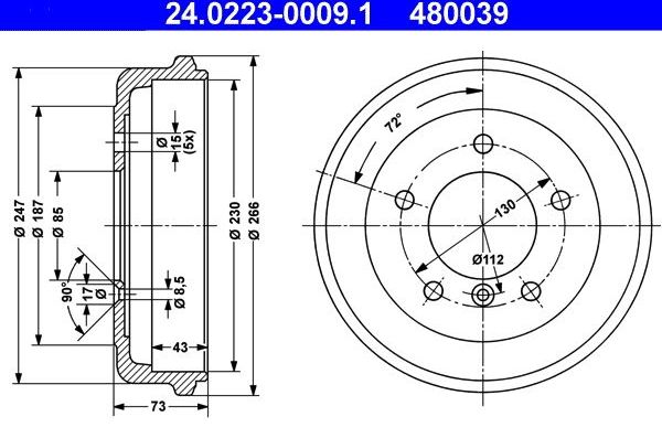 Тормозной барабан ATE задний для Mercedes-Benz T1 1977-1996. Артикул 24.0223-0009.1