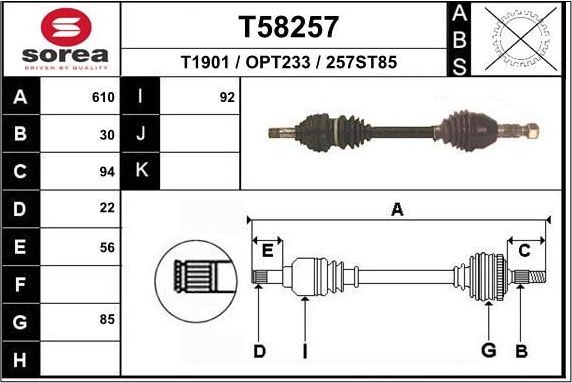 Полуось (привод в сборе, приводной вал) EAI. Артикул T58257