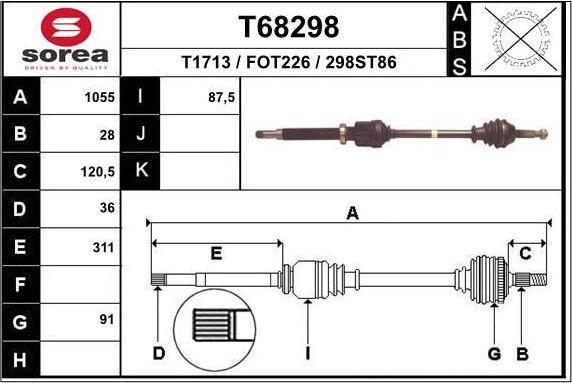 Полуось (привод в сборе, приводной вал) EAI. Артикул T68298