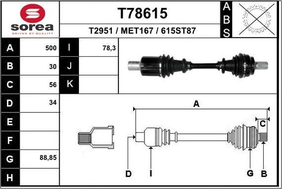 Полуось (привод в сборе, приводной вал) EAI. Артикул T78615