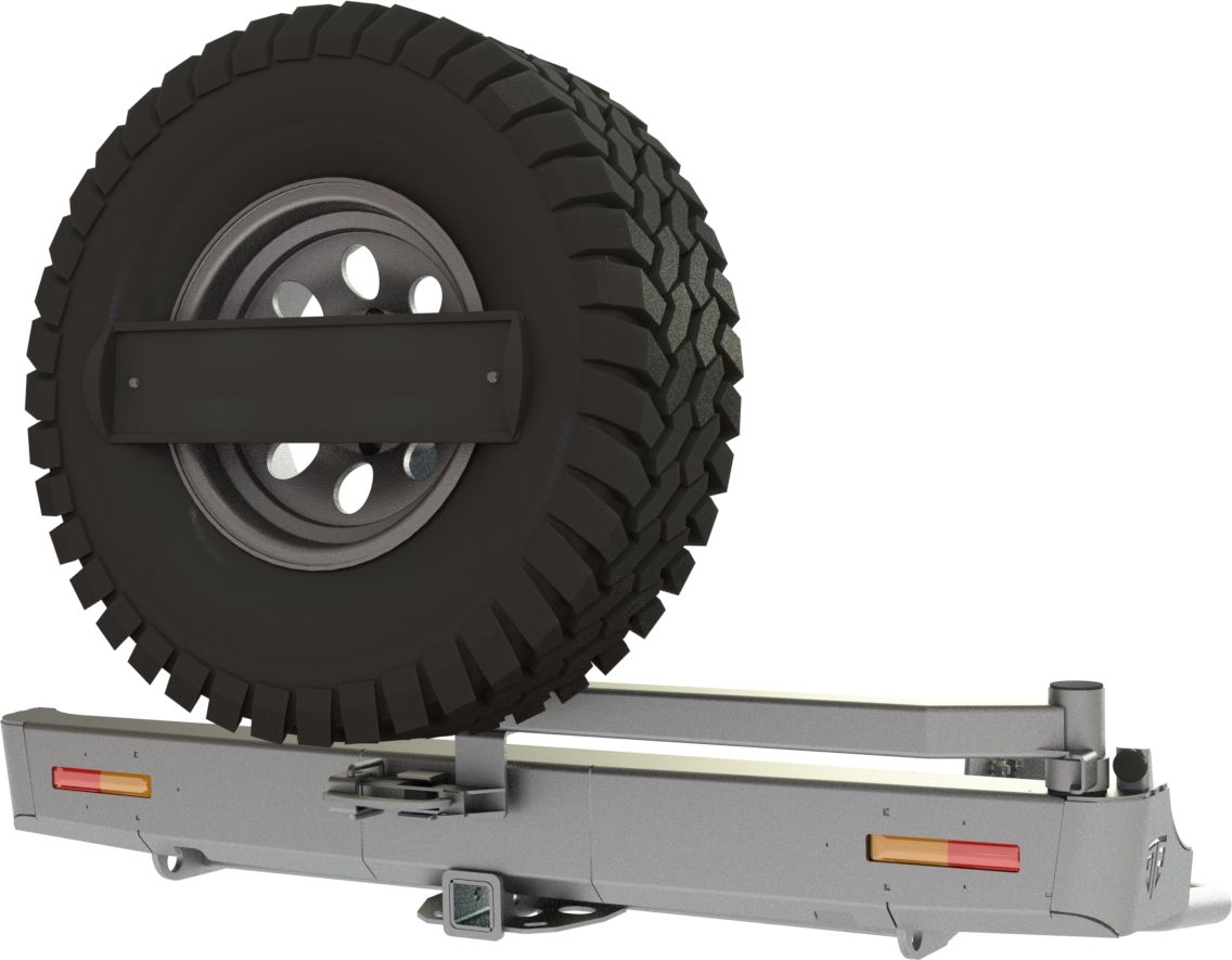 Бампер силовой STC задний для Mitsubishi L200 IV 2013-2015 (длинный кузов) с квадратом под фаркоп, кронштейном крепления запасного колеса по центру, кронштейном крепления гос номера и дублирующими фонарями. Артикул STC-ML200/13-BR-C1-L1