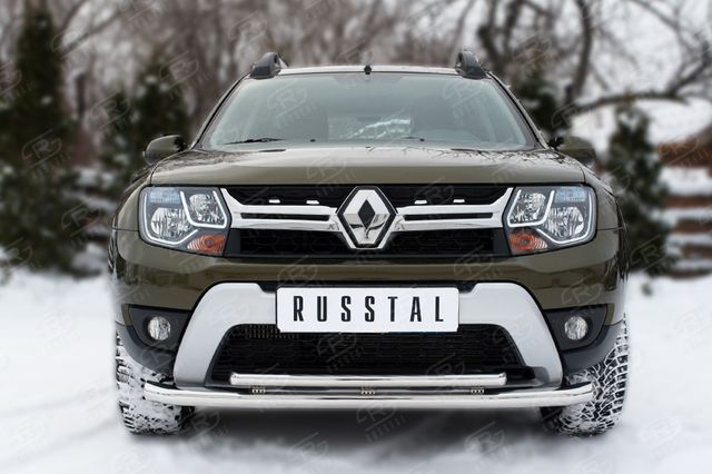 Защита RusStal переднего бампера d63 (секции) d42 (дуга)+ декор паз для Renault Duster I рестайлинг 2015-2020. Артикул RDZ-002174