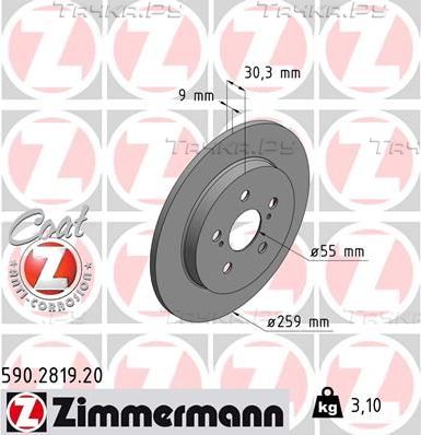 Тормозной диск Zimmermann Coat Z задний для Toyota Prius III 2011-2015. Артикул 590.2819.20