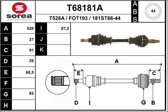 Полуось (привод в сборе, приводной вал) EAI. Артикул T68181A