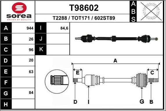 Полуось (привод в сборе, приводной вал) EAI. Артикул T98602
