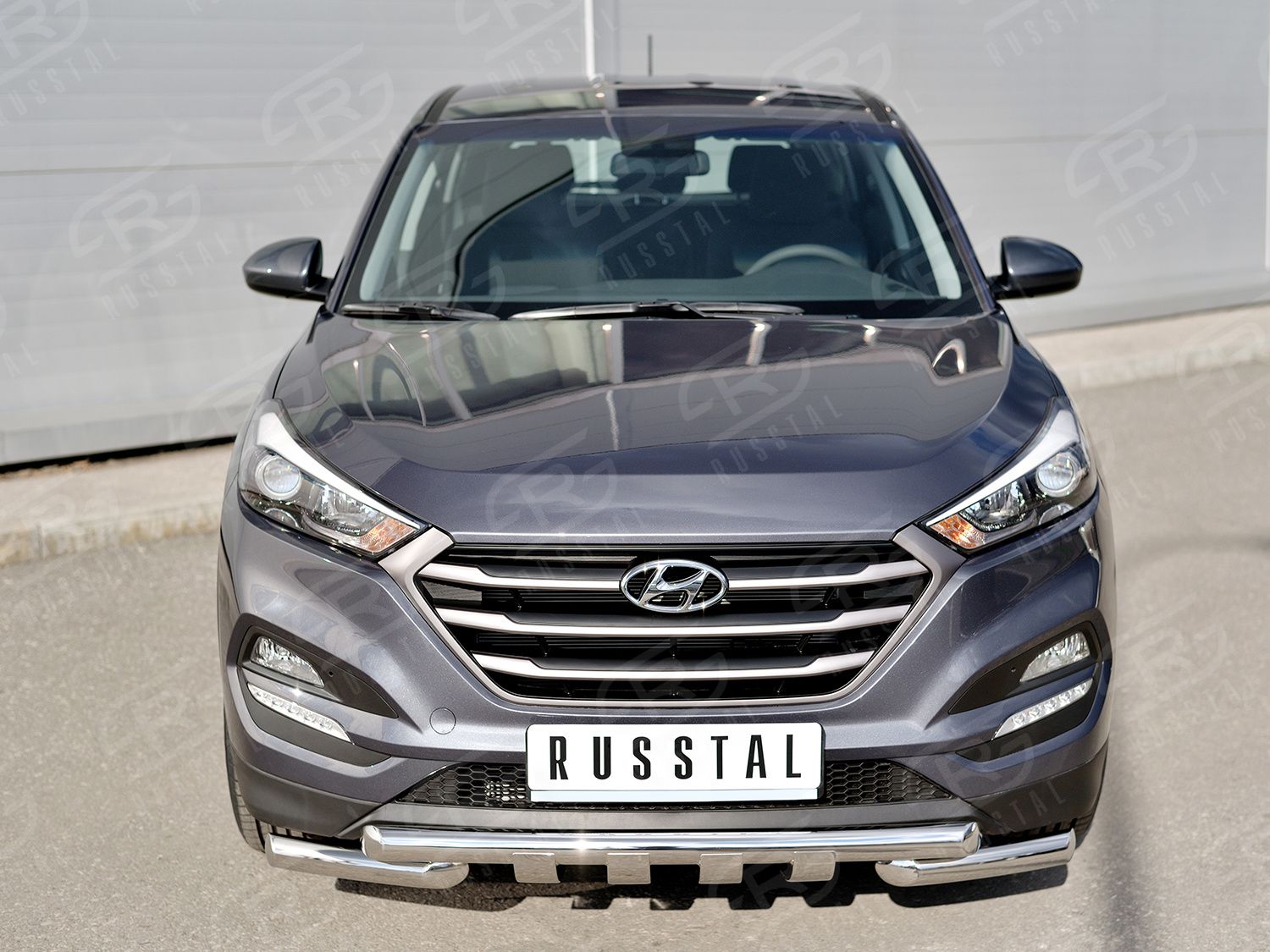 Защита RusStal переднего бампера Ф63 дуга-Ф63 дуга+клыки дуга для Hyundai Tucson III 2015-2018. Артикул HTZ-002230