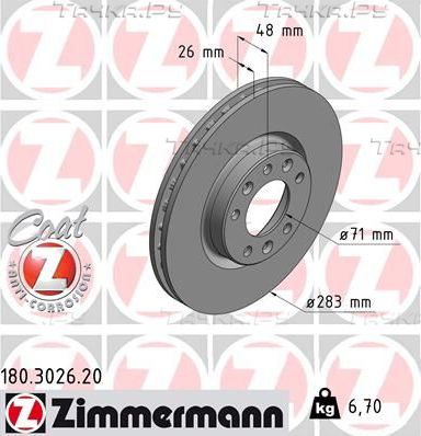 Тормозной диск Zimmermann Coat Z передний для Citroen C4 II 2013-2026. Артикул 180.3026.20