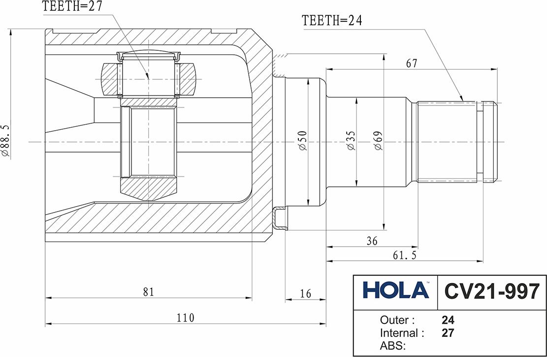 Шрус внутренний (граната) HOLA. Артикул CV21-997