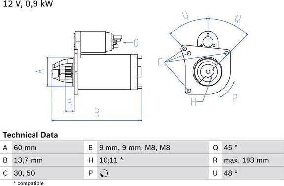 Стартер Bosch для MINI Hatch II (R56) 2006-2013. Артикул 0 986 021 970