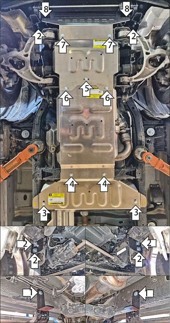 Защита алюминиевая Мотодор усиленная для двигателя, переднего дифференциала, КПП, радиатора, раздаточной коробки Dodge Ram 1500 (авто с системой активного переднего спойлера) бензин 2024-2026. Артикул 32913