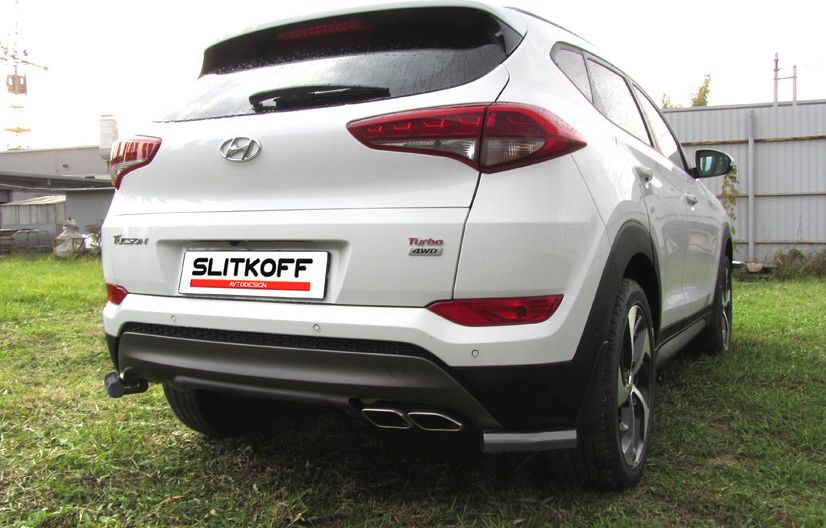 Защита Slitkoff задняя d57 уголки для Hyundai Tucson III 4WD 2015-2026 Черная. Артикул HT4WD15009B