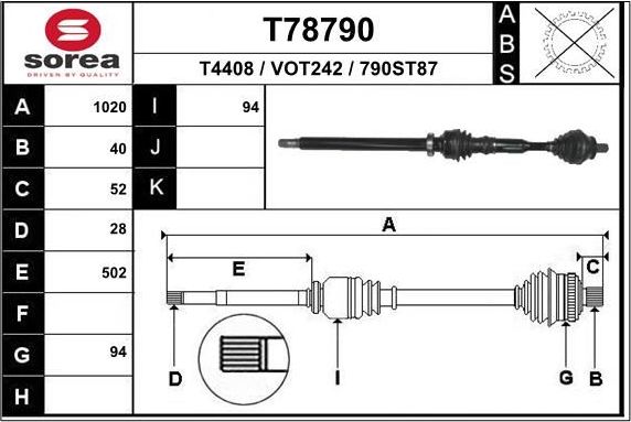 Полуось (привод в сборе, приводной вал) EAI. Артикул T78790