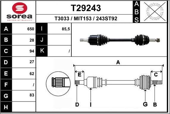 Полуось (привод в сборе, приводной вал) EAI. Артикул T29243