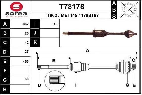 Полуось (привод в сборе, приводной вал) EAI. Артикул T78549A1