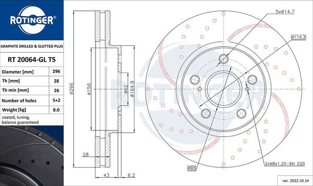 Тормозной диск Rotinger GRAPHITE DRILLED & SLOTTED PLUS. Артикул RT 20064-GL T5
