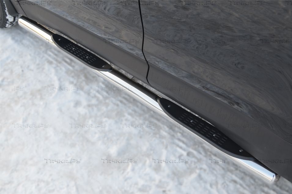 Защита порогов RusStal труба d76 с накладками (вариант 2) для Hyundai Tucson I 2004-2010. Артикул HTT-0000742