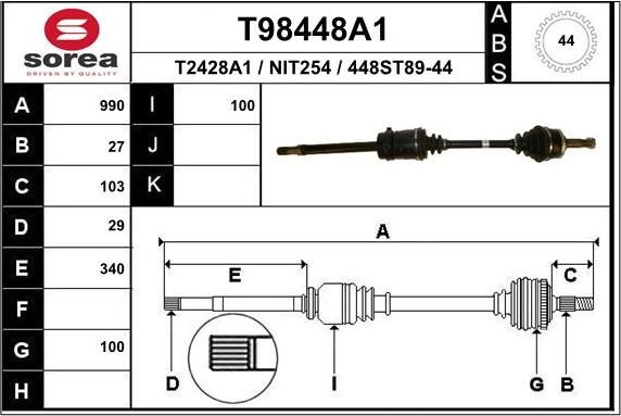 Полуось (привод в сборе, приводной вал) EAI. Артикул T98448A1