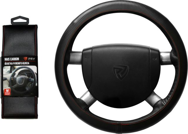 Оплётка на руль PSV Nais Carbon (размер M, экокожа, цвет ЧЕРНЫЙ/КРАСНЫЙ). Артикул 129825