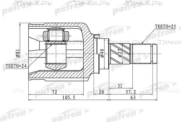 Шрус внутренний (граната) Patron передний/задний левый для Nissan Primera P12 2002-2008. Артикул PCV1411