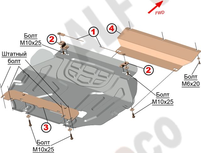 Защита алюминиевая Alfeco для картера и КПП Geely Atlas NL3 2017-2022. Артикул ALF.08.17 AL4