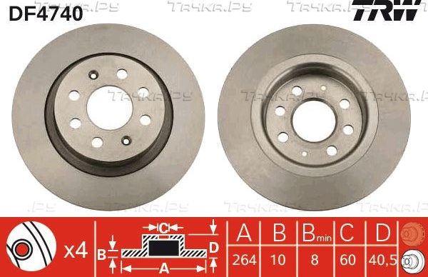 Тормозной диск TRW задний для Fiat Punto III Punto Evo 2008-2012. Артикул DF4740