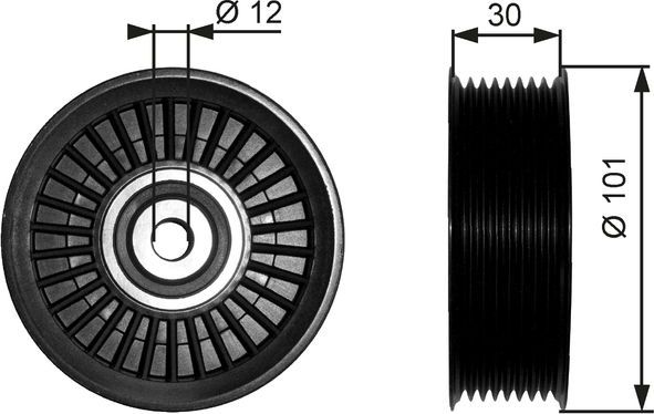 Направляющий (ведущий) ролик приводного поликлинового ремня Gates FleetRunner™ левый верхний для Scania R 2004-2015. Артикул T36170
