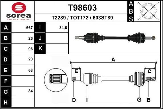 Полуось (привод в сборе, приводной вал) EAI передняя левая для Toyota Corolla E140, E150 2006-2014. Артикул T98603