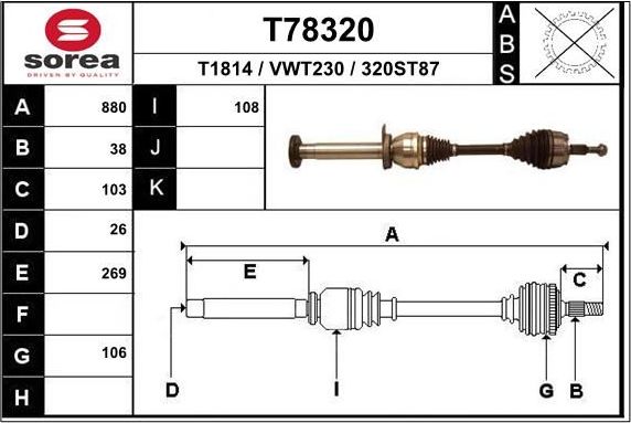 Полуось (привод в сборе, приводной вал) EAI. Артикул T78320