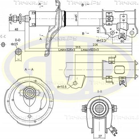 Амортизатор G.U.D. передний левый для Opel Agila B 2008-2014. Артикул GSA333517