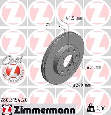 Тормозной диск Zimmermann Coat Z передний для Honda Civic V 1991-1995. Артикул 280.3154.20