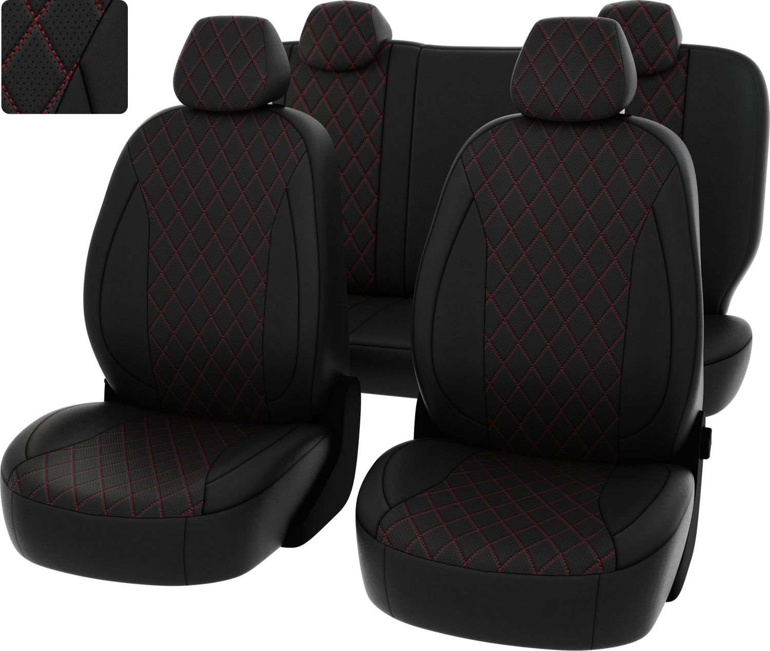 Чехлы PSV Статус на сидения для Skoda Octavia А7 Active, Ambition (без заднего подлокотника) 2013-2020, цвет Ромб Черный/отстрочка красная. Артикул 134694