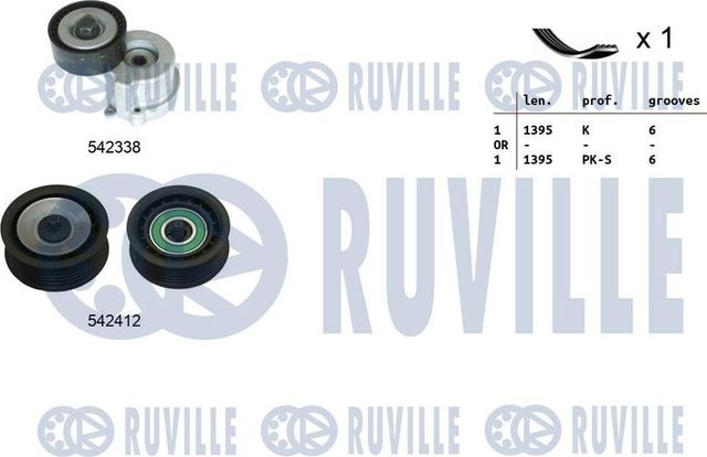 Приводной ремень поликлиновой с роликами (комплект) Ruville для Fiat 500L I 2012-2026. Артикул 570135