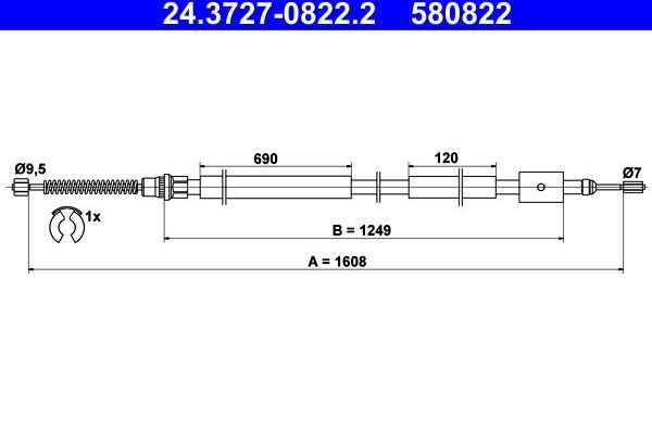 Трос ручника (тросик ручного тормоза) ATE задний правый для Peugeot 306 1993-2002. Артикул 24.3727-0822.2