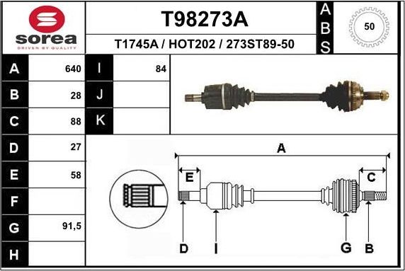 Полуось (привод в сборе, приводной вал) EAI. Артикул T98273A