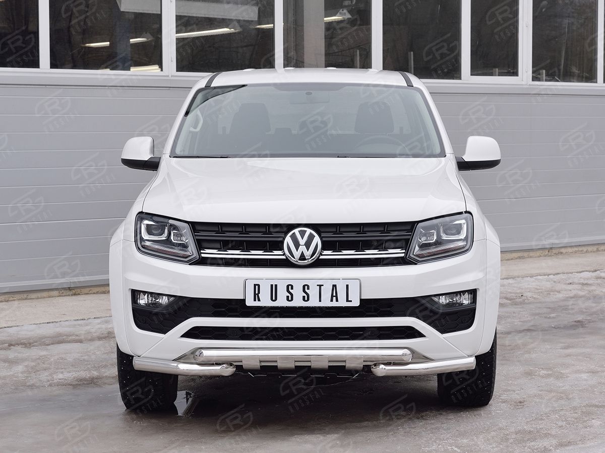 Защита RusStal переднего бампера d63 дуга-d63 секции+клыки для Volkswagen Amarok I 2016-2026. Артикул VAMZ-002533