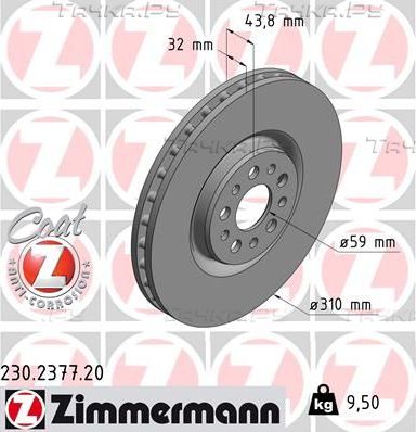 Тормозной диск Zimmermann Coat Z передний для Lancia Phedra 2002-2010. Артикул 230.2377.20