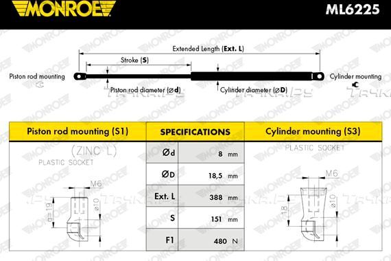 Амортизатор (упор) багажника Monroe MaxLift. Артикул ML6225