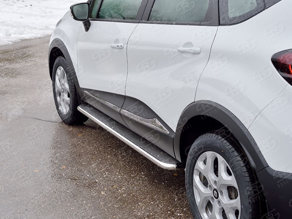 Защита RusStal порогов труба d42 с листом (Лист алюм, проф. нерж) (Вариант 3) для Renault Kaptur 2016-2026. Артикул RKPL-0024683