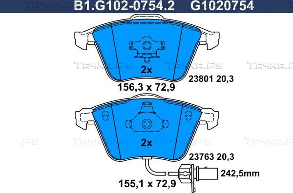 Тормозные колодки Galfer передние для Audi A4 II (B6) 2000-2004. Артикул B1.G102-0754.2