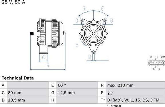 Генератор Bosch для Mercedes-Benz Vario 1996-2013. Артикул 0 986 048 100