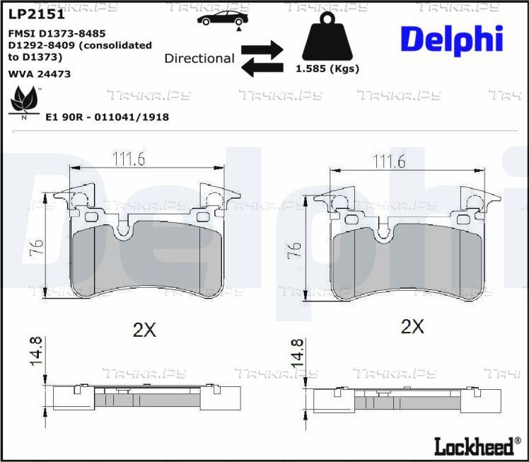 Тормозные колодки Delphi (Low-Metallic) для Mercedes-Benz C-Класс III (W204, C204) 2008-2015. Артикул LP2151