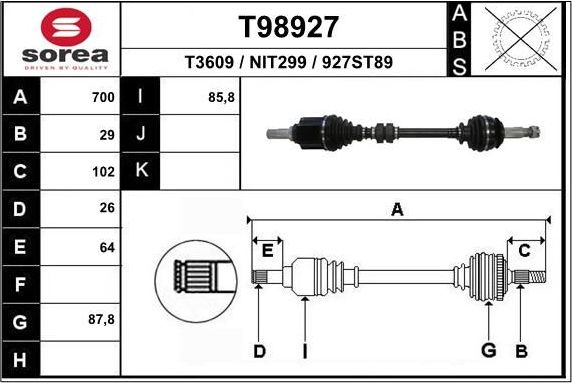 Полуось (привод в сборе, приводной вал) EAI. Артикул T98927