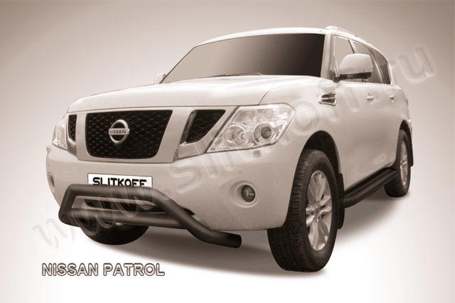 Кенгурятник Slitkoff d76 низкий широкий с перемычкой ЧЕРНЫЙ матовый для Nissan Patrol Y62 2012-2014. Артикул NIPAT008B