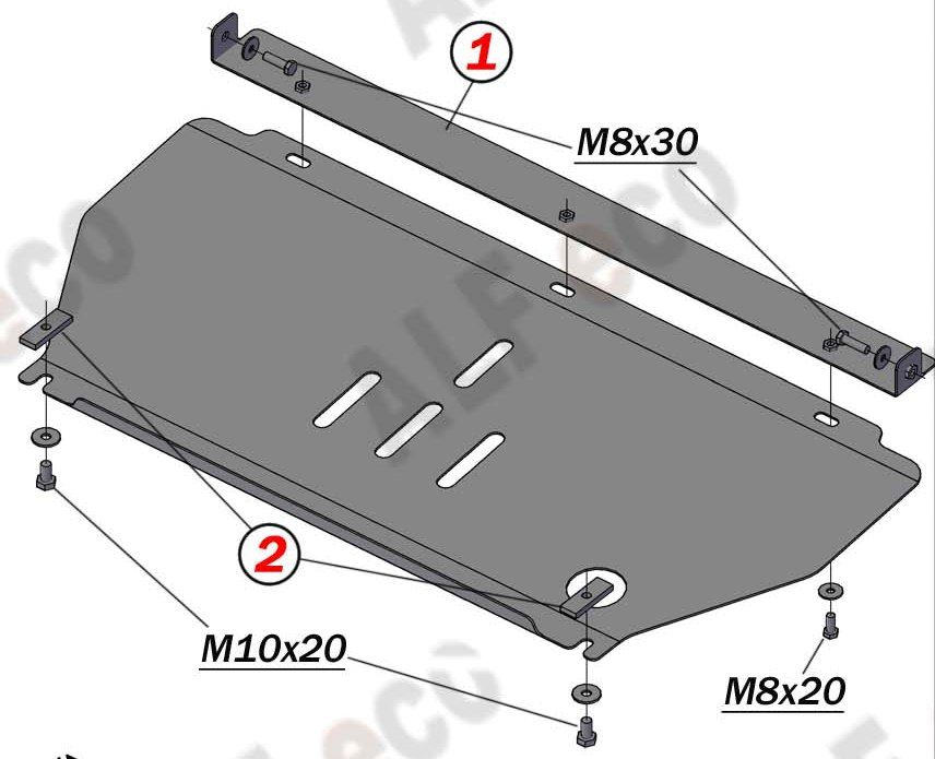 Защита алюминиевая Alfeco для картера и КПП Peugeot 1007 2005-2009. Артикул ALF.17.05 AL4
