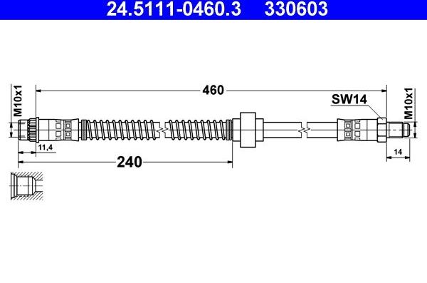 Тормозной шланг ATE передний для Citroen C2 2003-2009. Артикул 24.5111-0460.3