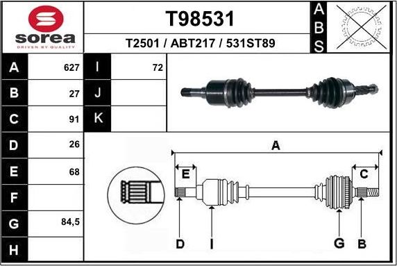Полуось (привод в сборе, приводной вал) EAI. Артикул T98531